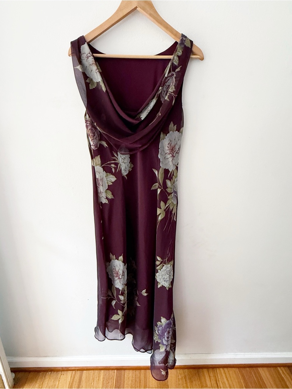 Vintage Women Y2K Floral Cowl Asymmetrical Sheer Maxi Dress Size 12 Dark Romance - Picture 3 of 7